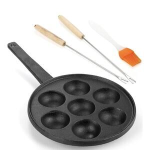 Cast Iron Aebleskiver Pan 2" Ebelskiver Pan Banh Khot Griddle 7 Hole NonStick